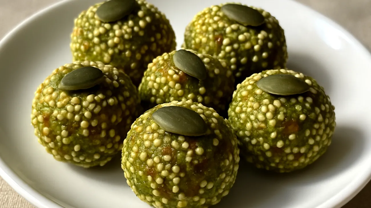 Amaranth-Dattel-Energiebällchen mit Kürbiskernen und Spirulina"