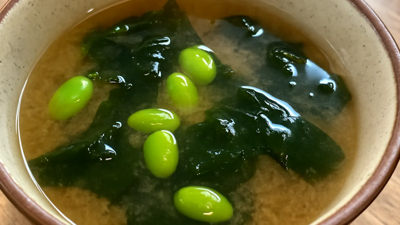 Miso-Suppe mit Wakame-Algen und Edamame"