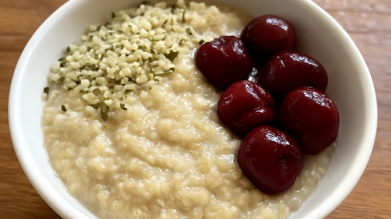 Quinoa-Pudding mit Hanfsamen und Sauerkirschen"