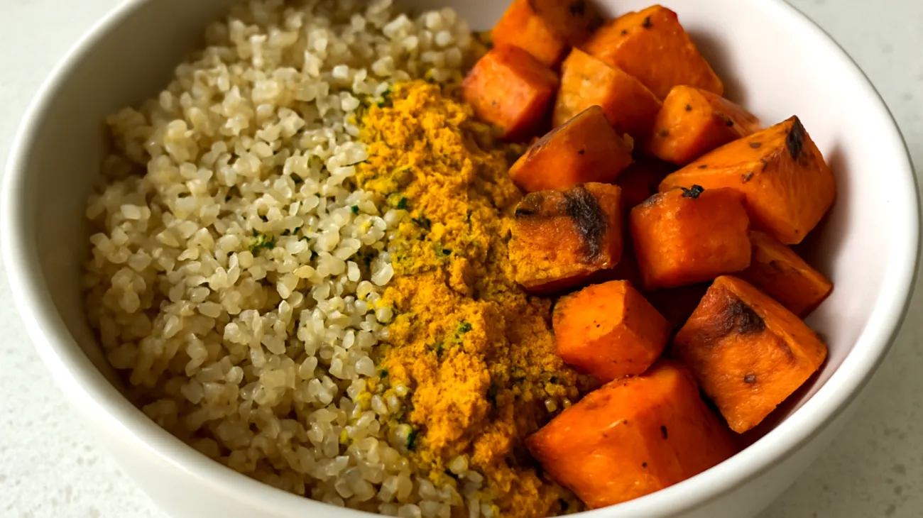Quinoa-Süßkartoffel-Bowl mit Hanfsamen und Kurkuma"
